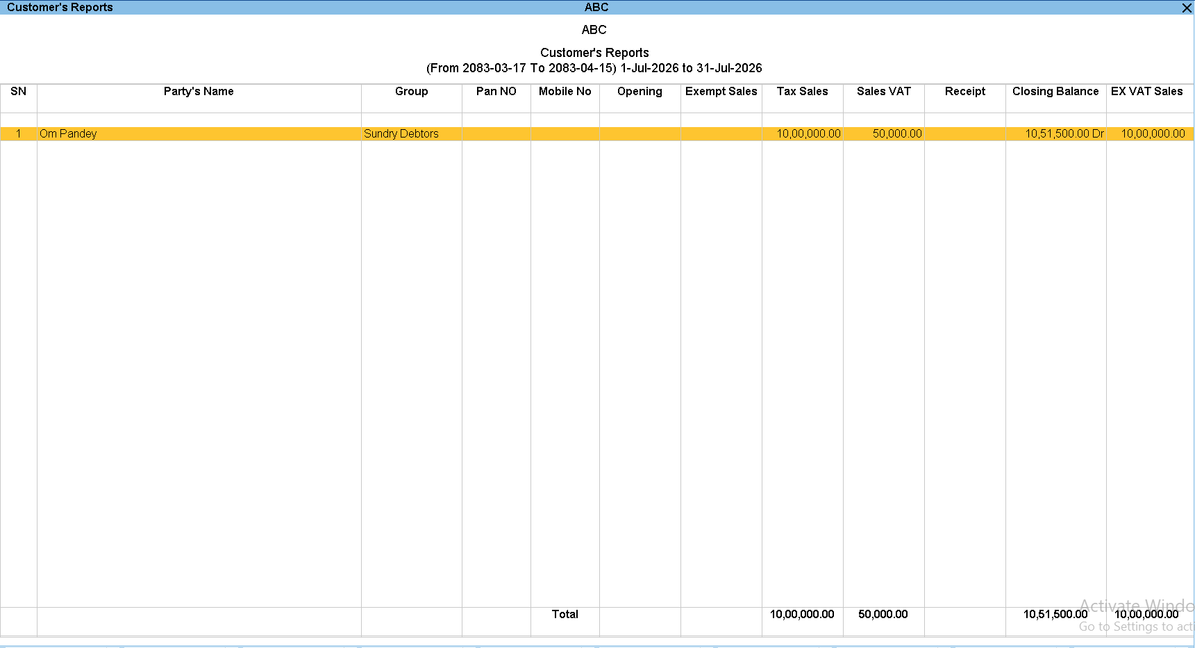 Sundry Debtors Report